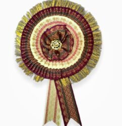 Zari ribbon badge 2 layer purple cream satin flower rosette badge with zari fringe border