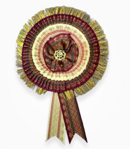 Zari ribbon badge 2 layer purple cream satin flower rosette badge with zari fringe border