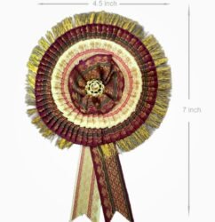 Zari ribbon badge size 7 x 4.5 inch purple cream 2 layer satin flower rosette badge