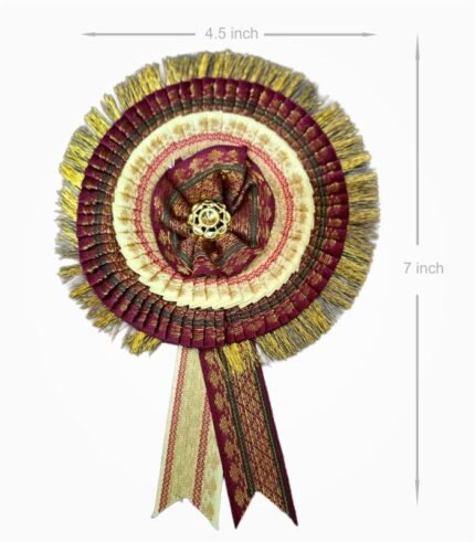 Zari ribbon badge size 7 x 4.5 inch purple cream 2 layer satin flower rosette badge