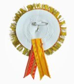 Back side of zari ribbon badge with secure attachment – 2 layer red yellow rosette badge