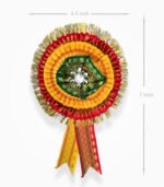 Zari ribbon badge size 7 x 4.5 inch red yellow 2 layer satin flower rosette badge