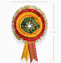 Zari ribbon badge size 7 x 4.5 inch red yellow 2 layer satin flower rosette badge