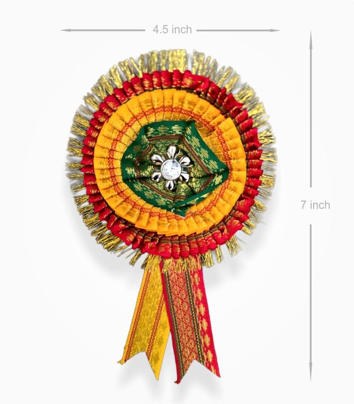 Zari ribbon badge size 7 x 4.5 inch red yellow 2 layer satin flower rosette badge
