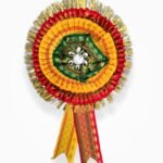 Premium zari ribbon badge red yellow 2 layer satin flower rosette badge for events and ceremonies