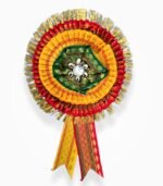 Premium zari ribbon badge red yellow 2 layer satin flower rosette badge for events and ceremonies