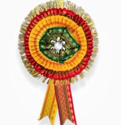 Premium zari ribbon badge red yellow 2 layer satin flower rosette badge for events and ceremonies
