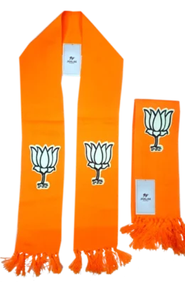 Bright orange BJP election muffler featuring the lotus logo, manufactured by Jhalak Enterprises.