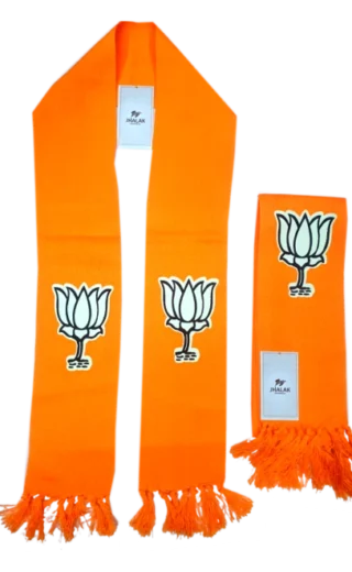 Bright orange BJP election muffler featuring the lotus logo, manufactured by Jhalak Enterprises.