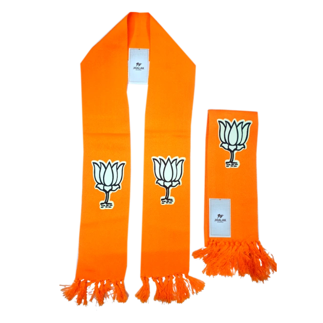 Bright orange BJP election muffler featuring the lotus logo, manufactured by Jhalak Enterprises.