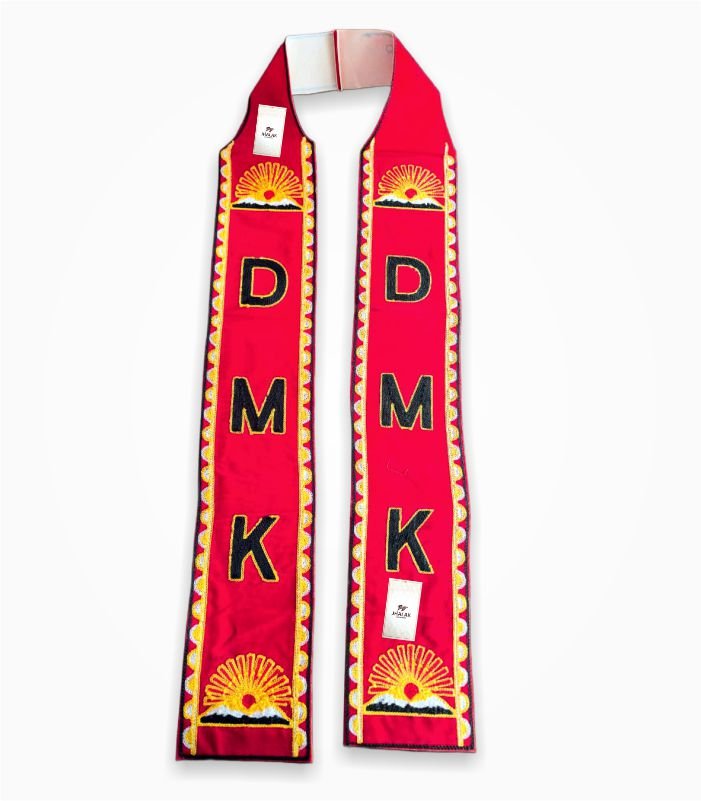 Red DMK party Dravida Munnetra Kazhagam embroidered muffler khes scarf by Jhalak Enterprises