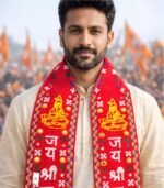 Model showcasing Jai Shri Jhulelal embroidered patka khes at a rally from Jhalak Enterprises