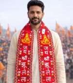 Man wearing red Jai Shri Jhulelal embroidered muffler with mirror work by Jhalak Enterprises
