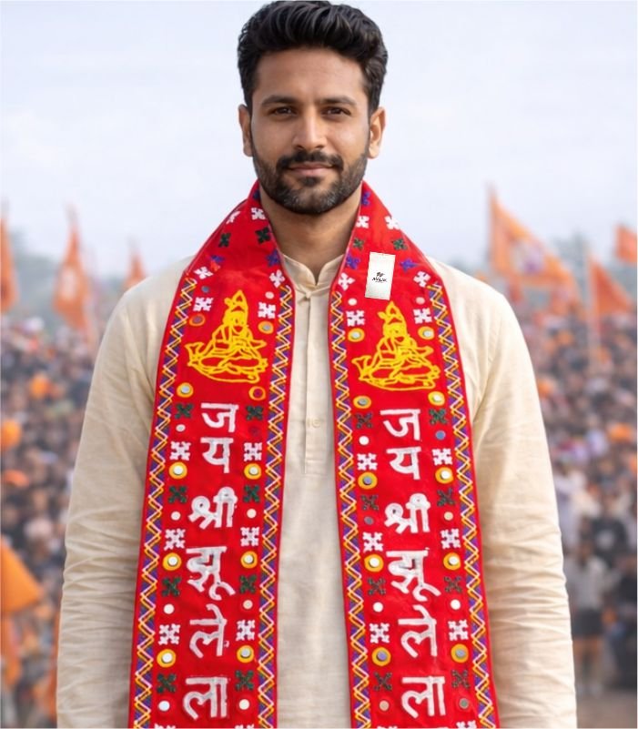 Man wearing red Jai Shri Jhulelal embroidered muffler with mirror work by Jhalak Enterprises