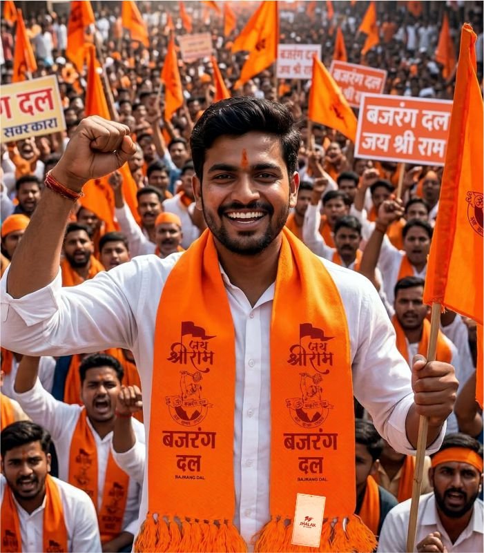 Orange Bajrang Dal printed muffler and campaign gamcha by Jhalak Enterprises worn by a model in a crowd