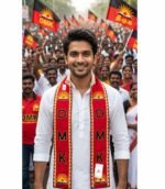 Model wearing red DMK party embroidered muffler at election rally by Jhalak Enterprises