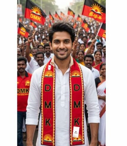 Model wearing red DMK party embroidered muffler at election rally by Jhalak Enterprises