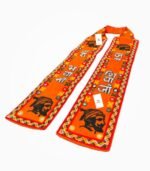 Diagonal view of orange Jai Bhavani Jai Shivaji embroidery muffler with mirror work.