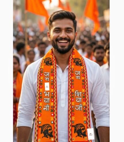 Young smiling man wearing the orange Jai Bhavani Jai Shivaji muffler in a rally crowd.