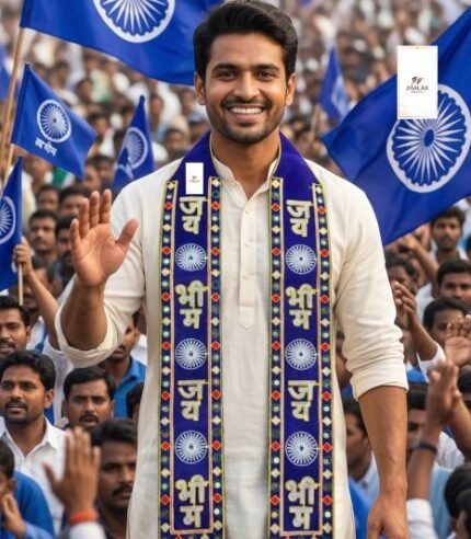 Model wearing Jai Bhim blue embroidered campaign muffler at a rally