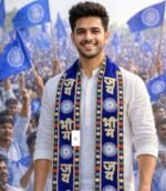 Young man wearing Jai Bhim blue rally scarf with mirror work