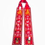 Red Jai Shri Jhulelal embroidered muffler khes with mirror work by Jhalak Enterprises