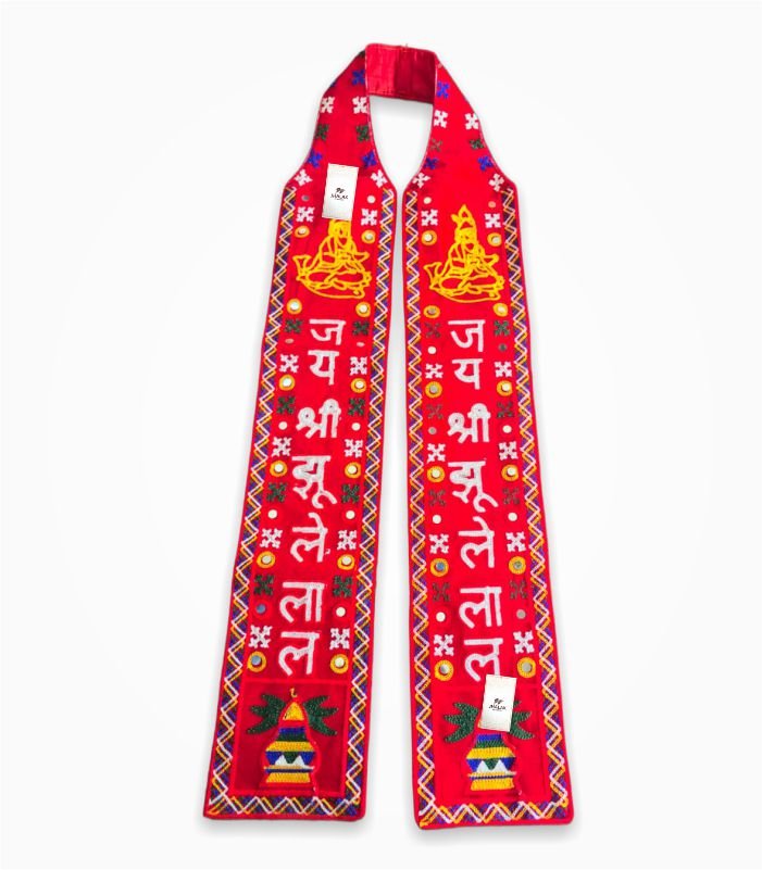 Red Jai Shri Jhulelal embroidered muffler khes with mirror work by Jhalak Enterprises