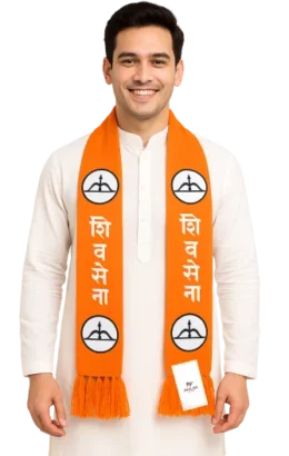 Orange Shiv Sena woven muffler with bow and arrow symbol worn by a model.