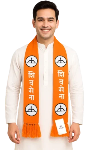 Orange Shiv Sena woven muffler with bow and arrow symbol worn by a model.