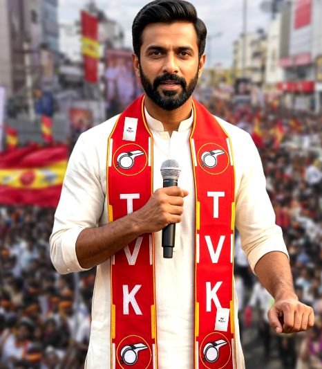 Model wearing TVK party red muffler with whistle logo at election rally by Jhalak Enterprises