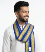 Bhim Army Blue Gamcha Yellow Border – Model Side Pose Close Up View