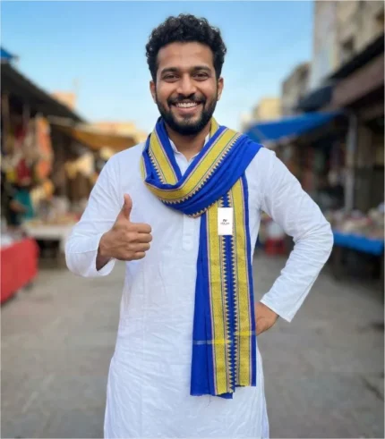 Bhim Army Blue Gamcha Yellow Border – Model Wearing White Kurta