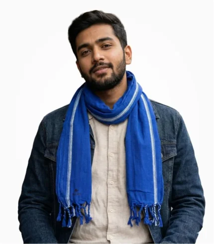 Blue Gamcha Model View – Neela Suti Cotton Gamcha Worn as Neck Scarf