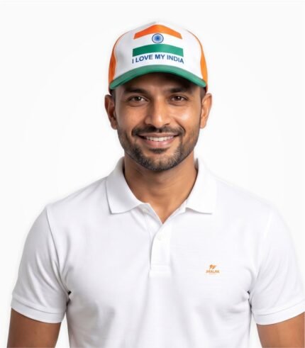Indian male model wearing a tricolor Independence Day cap with I Love My India text and the Ashoka Chakra