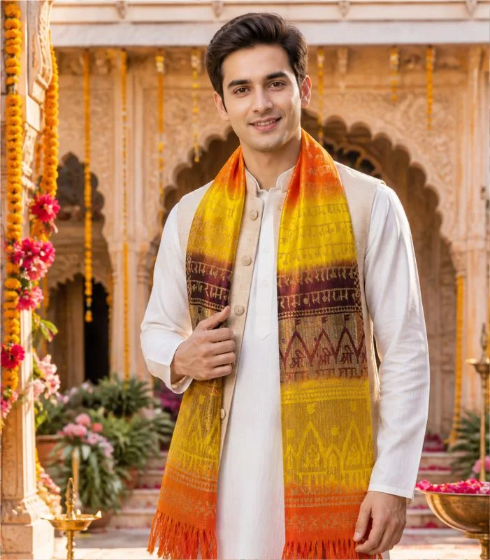 Man wearing Jai Shri Ram Chunri Dupatta religious stole in yellow and orange