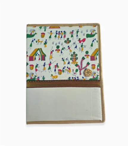 Front cover of traditional Warli print jute file folder with button closure by Jhalak Enterprises.