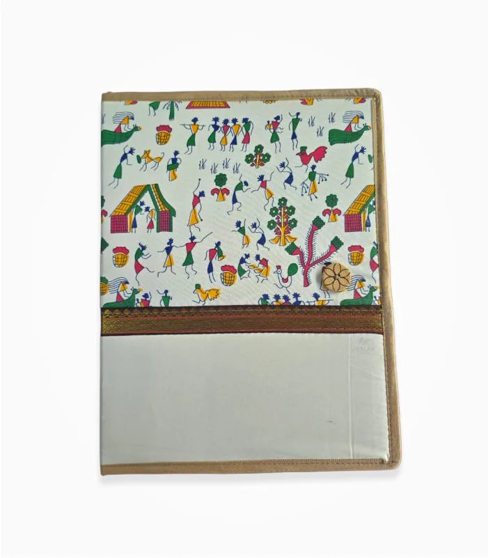 Front cover of traditional Warli print jute file folder with button closure by Jhalak Enterprises.