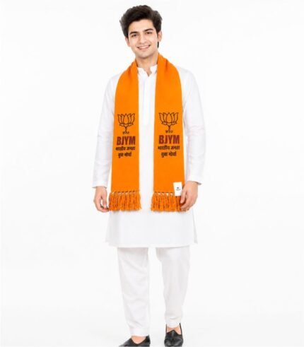 BJYM saffron muffler worn by young man in white kurta pajama on white background
