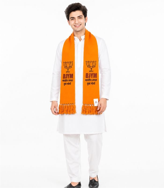 BJYM saffron muffler worn by young man in white kurta pajama on white background