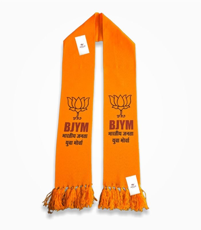 BJYM Muffler front open view saffron orange Bhartiya Janata Yuva Morcha BJP muffler with lotus symbol