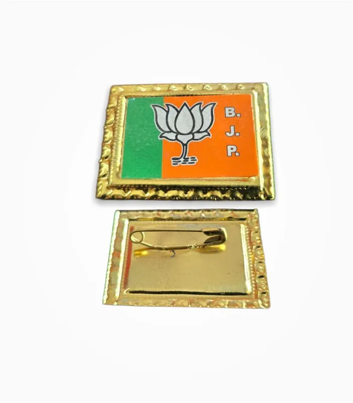 BJP flag metal badge rectangle shape front and back with safety pin brooch