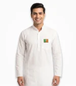 Rectangular BJP metal badge with saffron-green flag design and golden border pinned on a white kurta