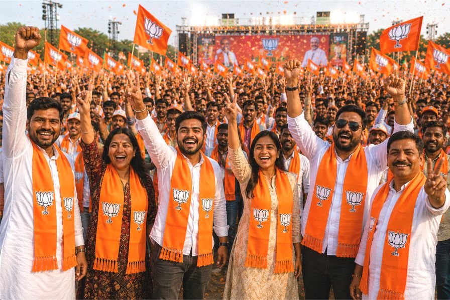 Energetic BJP rally crowd wearing bright orange lotus-print mufflers and waving saffron BJP flags during a large political gathering.