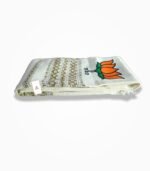 BJP white premium muffler folded view with Assamese woven border and lotus print