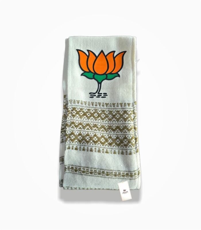 BJP white Assamese style campaign muffler with lotus logo print