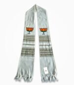 BJP white premium muffler full view with lotus symbol and woven Assamese pattern