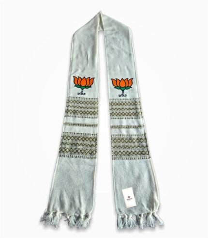 BJP white premium muffler full view with lotus symbol and woven Assamese pattern