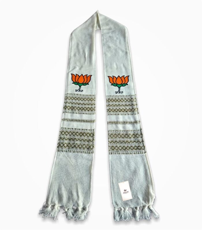 BJP white premium muffler full view with lotus symbol and woven Assamese pattern
