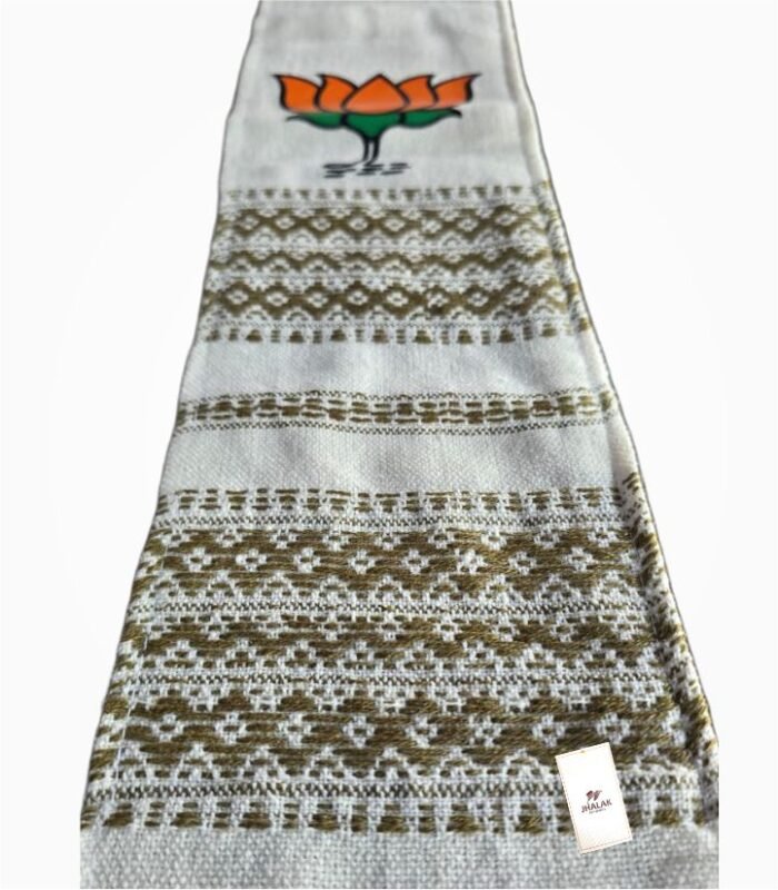 Close-up of BJP white premium muffler woven Assamese design