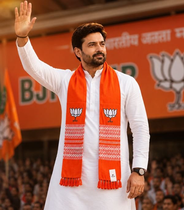 BJP Premium Orange Rajwadi Muffler worn by leader on political rally stage in white kurta pajama
